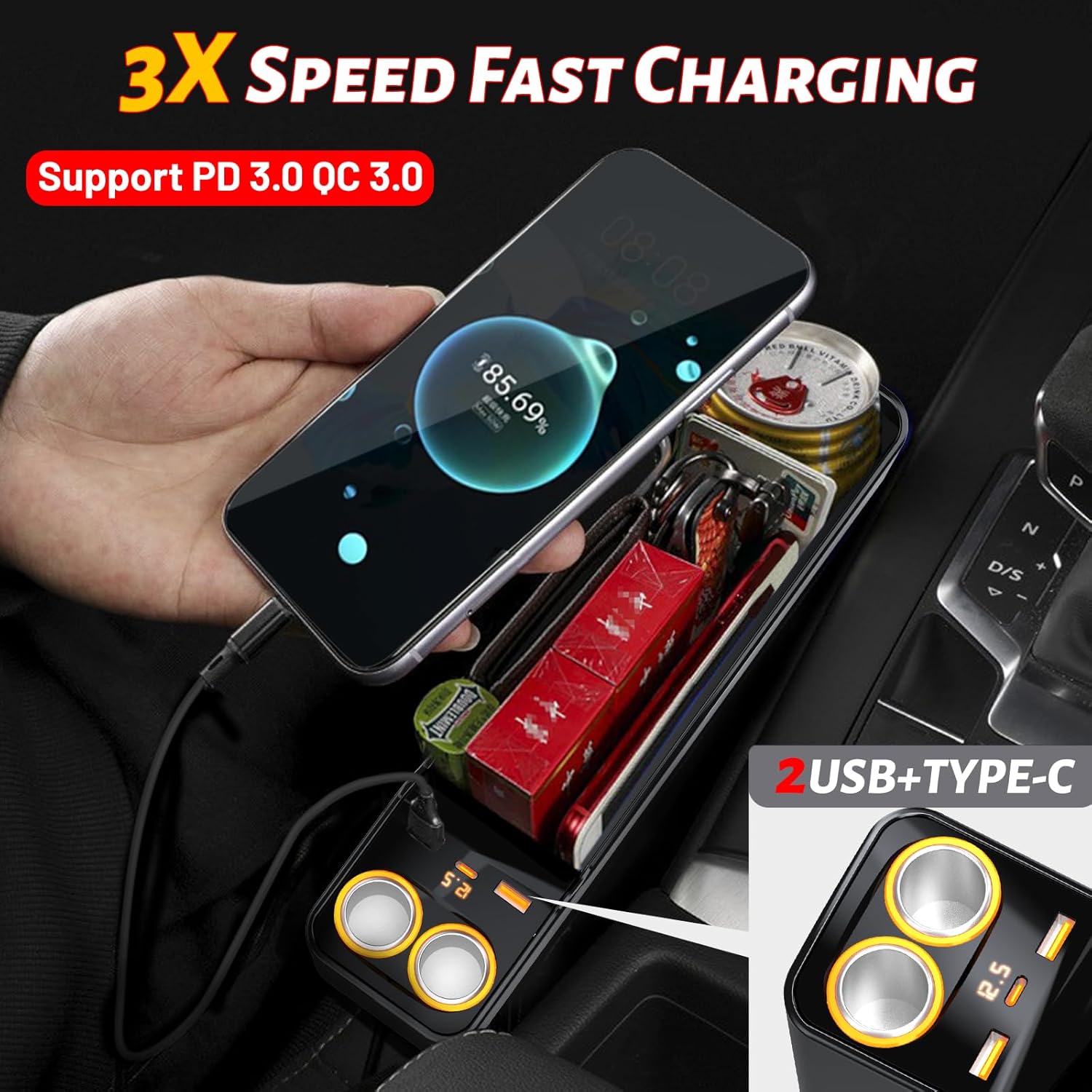 Car Seat Gap Filler Organizer, 75W Charging, Storage Box, 2 Pack (Large) - Online Swap Meet